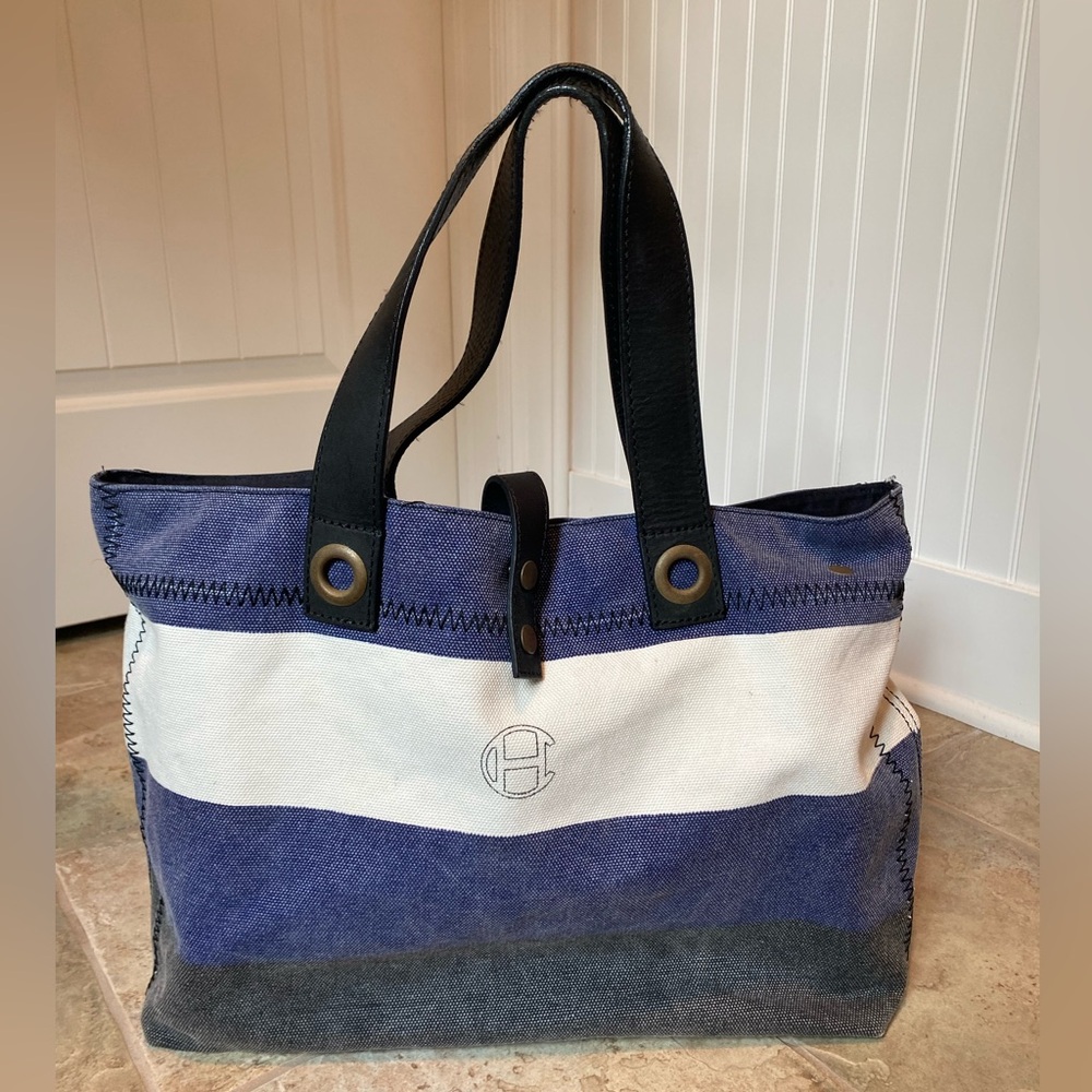 Cole Haan Blue, White and Charcoal Canvas Tote Bag